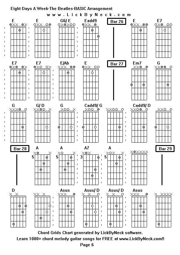 Chord Grids Chart of chord melody fingerstyle guitar song-Eight Days A Week-The Beatles-BASIC Arrangement,generated by LickByNeck software.